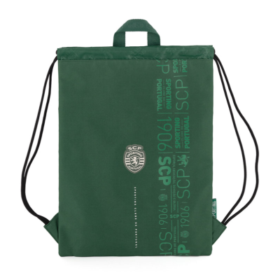 Mochila saco verde escuro com escudo do Sporting CP e texto vertical