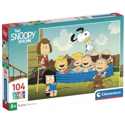 Caixa de quebra-cabeças com personagens de The Snoopy Show num jardim, 104 peças