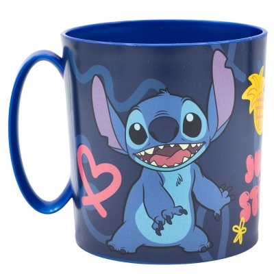 Caneca azul com personagem Stitch e padrões coloridos
