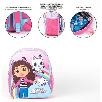 Mochila infantil rosa com personagens animados, bolsos laterais e alças acolchoadas