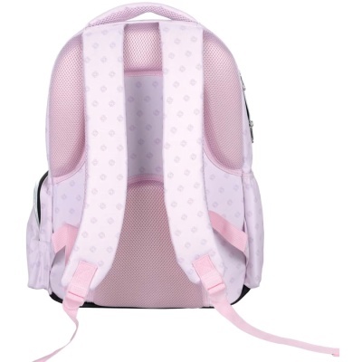 Mochila rosa claro com alças acolchoadas e padrão discreto vista pelas costas