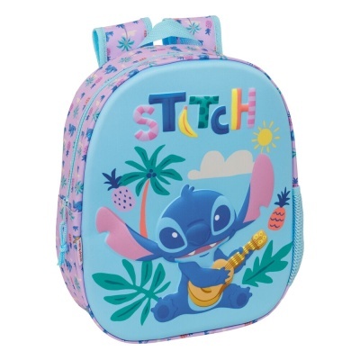 Mochila infantil azul com personagem Stitch e padrão tropical
