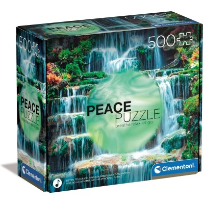 Caixa de puzzle de 500 peças com imagem de cascata e texto PEACE PUZZLE
