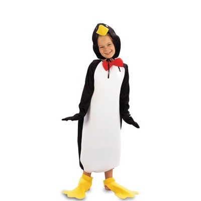 Fato de pinguim para criança com detalhes amarelos e laço vermelho.