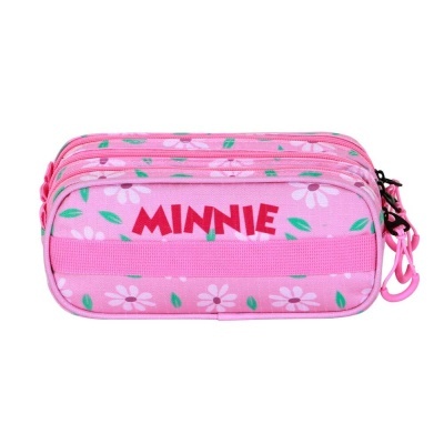 Estojo escolar rosa com padrão de flores e texto MINNIE
