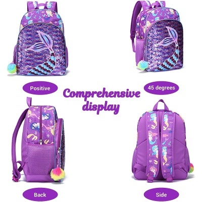 Mochila infantil roxa com padrão texturizado e cauda de sereia estampada