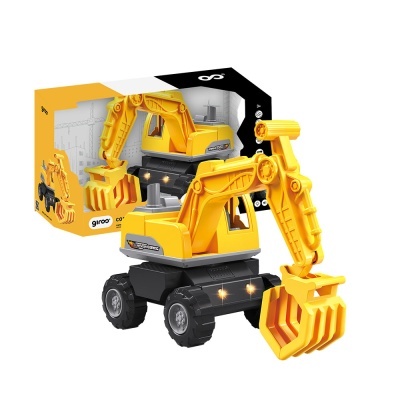 Miniatura de escavadora amarela e preta com pneus grandes em plástico