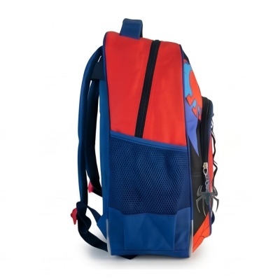 Mochila vermelha, azul e preta com padrão Homem-Aranha e bolsos de rede