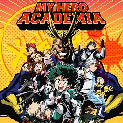 Poster colorido com personagens do anime My Hero Academia e fundo amarelo com padrão de pontos