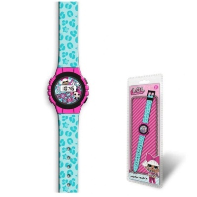 Relógio digital infantil azul com padrão de manchas e caixa rosa