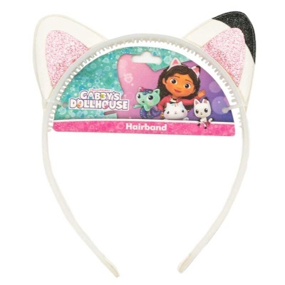 Aro para cabelo branco com orelhas de gato e etiqueta de Gabby's Dollhouse