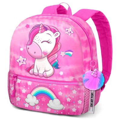 Mochila infantil rosa com unicórnio, arco-íris e estrelas
