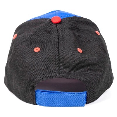 Boné desportivo preto e azul visto de trás com detalhes vermelhos