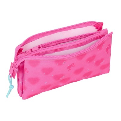 Estojo escolar rosa com padrão de corações e silhueta da Barbie