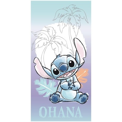Desenho do Stitch azul com orelhas cor-de-rosa, folhas e palmeiras ao fundo e texto OHANA