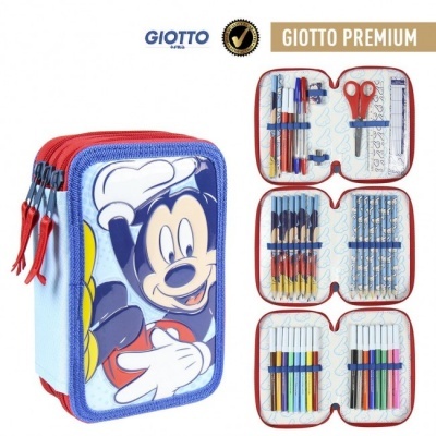 Estojo escolar triplo azul e vermelho com Mickey Mouse e material escolar dentro