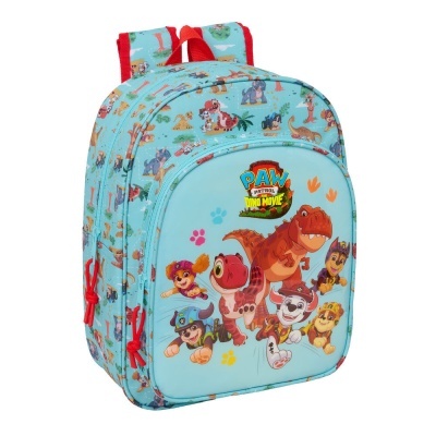 Mochila azul clara com personagens do PAW PATROL THE DINO MOVIE e detalhes vermelhos