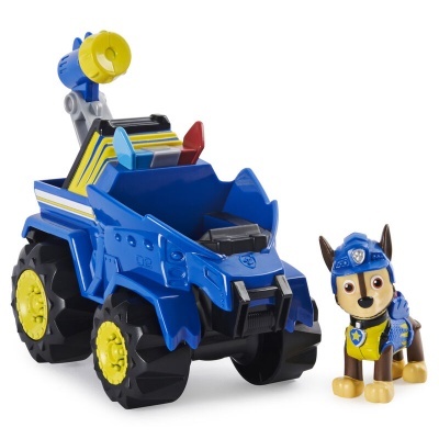 Carrinho de brinquedo azul com figura de cão em equipamento azul e amarelo