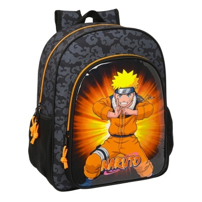 Mochila de criança preta e cinzenta com desenho de Naruto em fato laranja