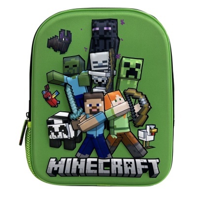 Mochila infantil verde com personagens do Minecraft e texto 'MINECRAFT'