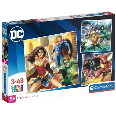 Caixa de puzzles Clementoni DC Comics com personagens Wonder Woman, Superman, Green Lantern, Aquaman, Batman e Flash