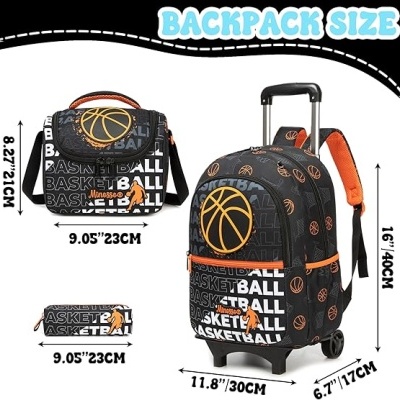 Mochila com rodinhas, bolsa e estojo com padrão de basquete preto, branco e laranja.