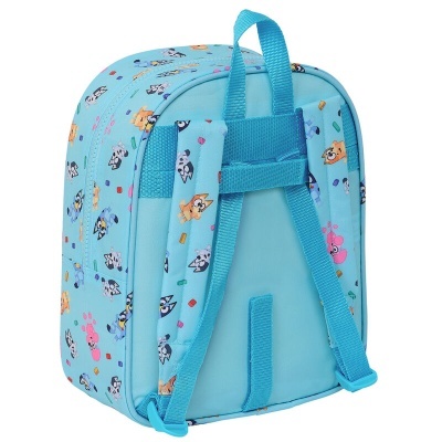 Mochila infantil azul clara com estampa de cães e alças ajustáveis