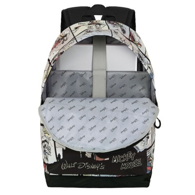 Mochila colorida com padrão Mickey Mouse, interior cinza com logótipo Disney