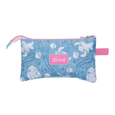 Estojo de tecido azul e rosa com desenhos do Stitch da Disney
