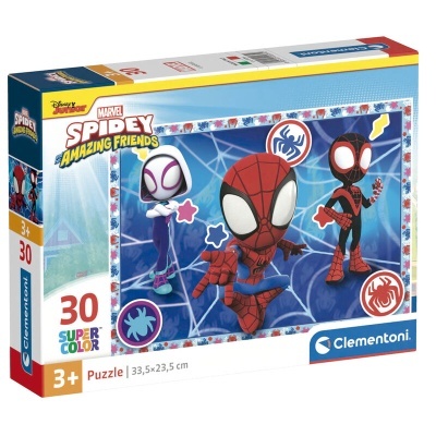 Caixa de puzzle Clementoni Spidey Amazing Friends com 30 peças para crianças a partir dos 3 anos.