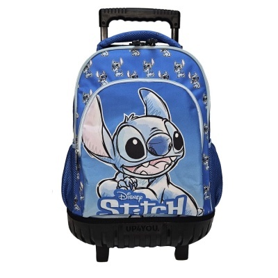 Mochila azul com carrinho e personagem Stitch da Disney