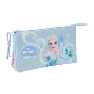 Estojo azul com desenho da Elsa do filme Frozen e padrão de flocos de neve