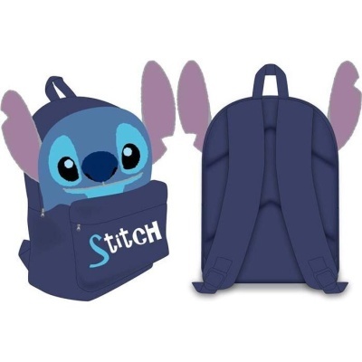 Mochila infantil azul com rosto do Stitch e bolso frontal com texto