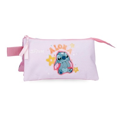 Estojo escolar rosa com estampa do Stitch e texto ALOHA