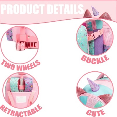 Detalhes do produto com duas rodas, fivela, alça retrátil e tema de unicórnio em rosa e azul