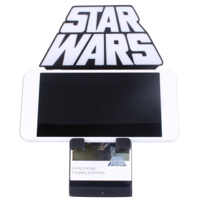 Suporte de telemóvel Star Wars em plástico preto e branco com texto e cartão temático.
