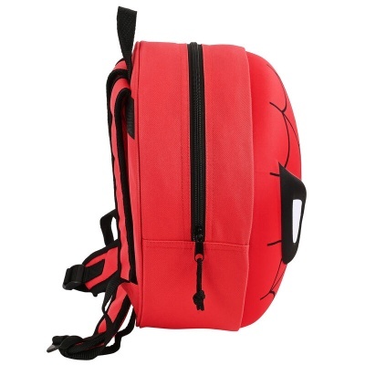 Mochila infantil vermelha com padrão de teia e olhos grandes