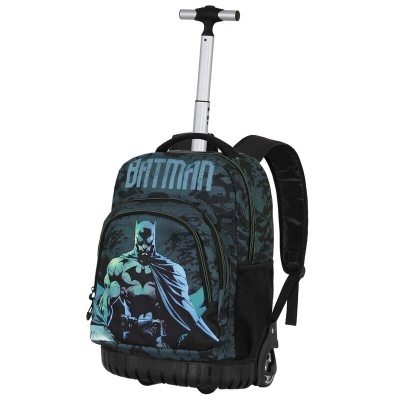 Mochila de rodinhas preta com estampa do Batman e alça extensível