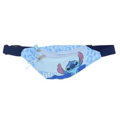 Pochete azul clara com imagem do Stitch e alça azul escura