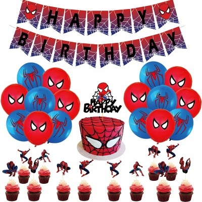 Decoração de aniversário tema Homem-Aranha com balões, bolo e toppers