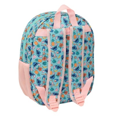 Mochila infantil azul claro com padrão colorido e alças cor-de-rosa