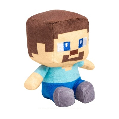 Pelúcia do personagem Steve do Minecraft com cabelo castanho e roupa azul