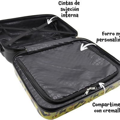 Mala de viagem camuflada aberta mostrando cintas internas e compartimento com fecho