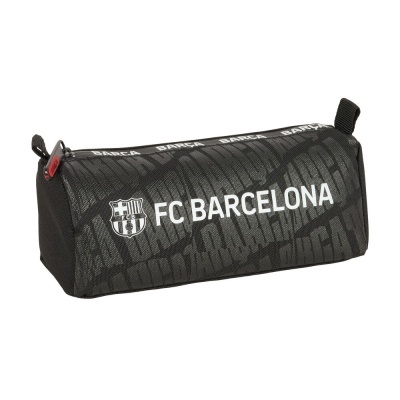 Estojo preto com logo FC Barcelona e padrão texto Barça.
