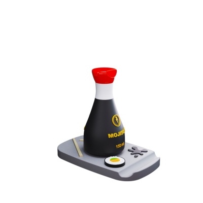 Frasco preto com tampa vermelha numa base cinzenta com ovo frito em miniatura