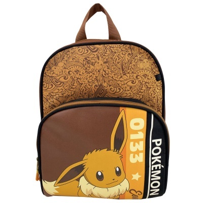 Mochila infantil castanha com padrão floral e imagem do Pokémon Eevee no bolso frontal
