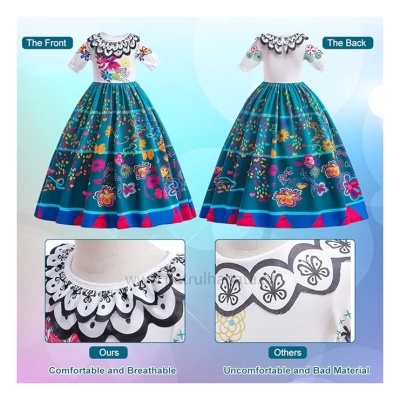 Vestido infantil colorido com saia azul floral e gola branca preta detalhada