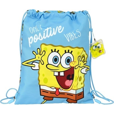 Mochila saco azul claro com Bob Esponja e texto 'ONLY positive VIBES'