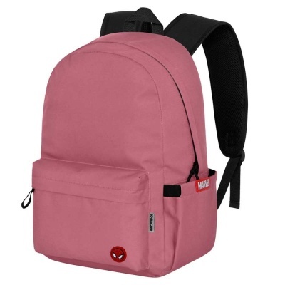 Mochila rosa com alças pretas e logo pequeno do Homem-Aranha