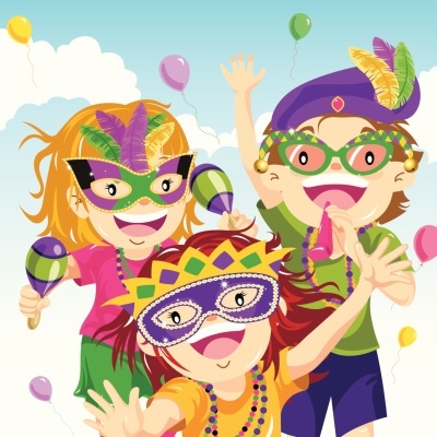 Três crianças em roupas de Carnaval com máscaras, óculos e acessórios festivos coloridos.